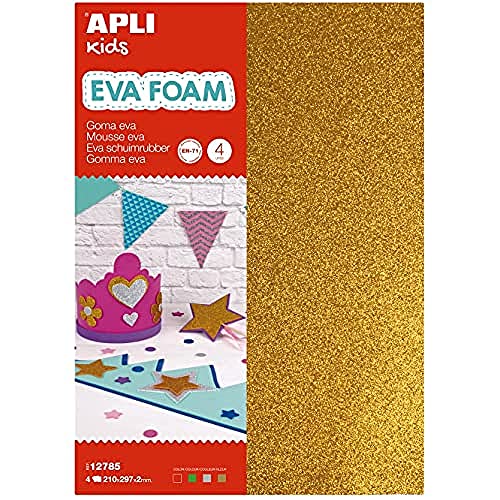 APLI Kids 12785 - Bolsa de Goma EVA purpurina plata, oro, rojo y verde A4 4 hojas