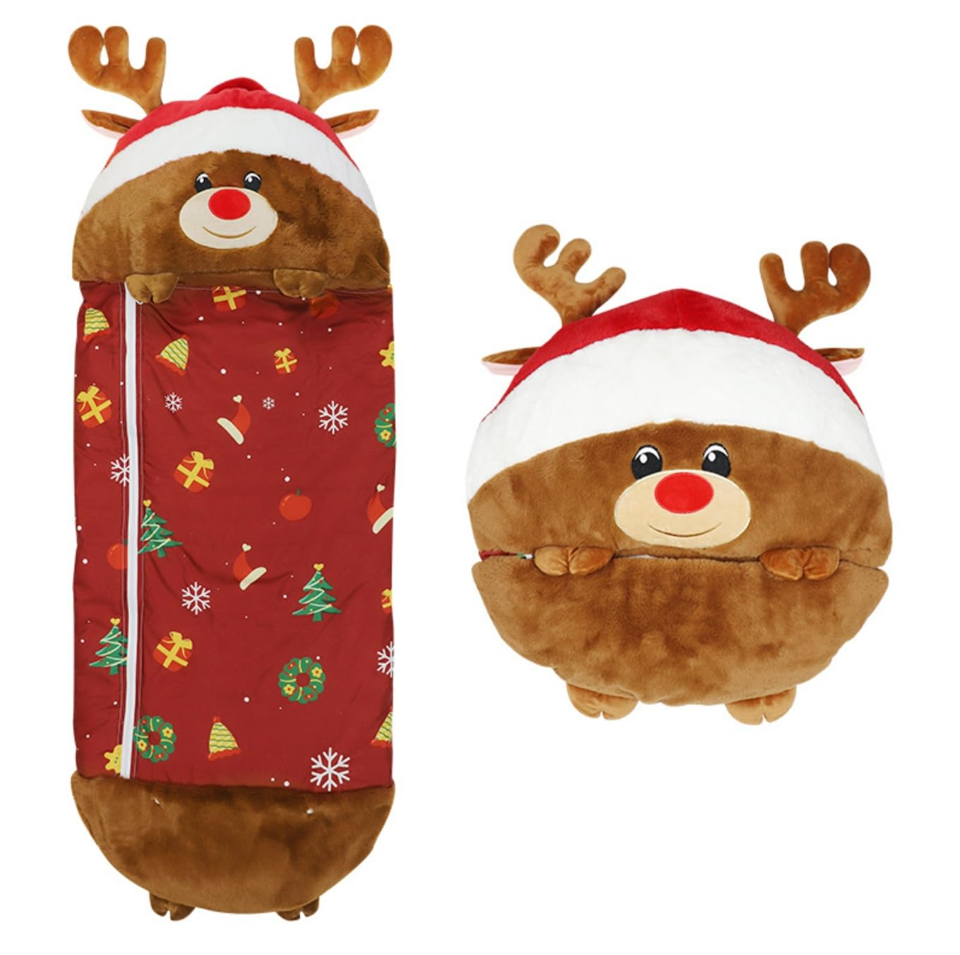 Molinter Sac de couchage pour enfant - Coussin pour enfant - Sac de couchage heureux - Sac de couchage 2 en 1 - Pliable - Avec oreiller - Motif de rennes - 180 x 70 cm