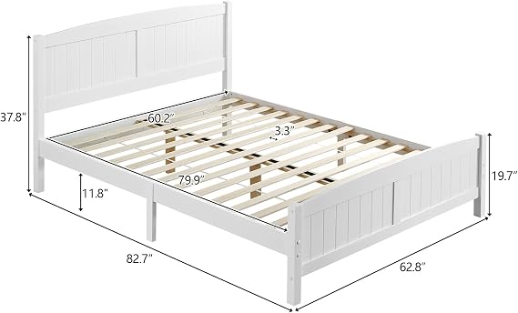 Karl home Wood Bedframe Queen Bed Frame with Headboard Bedroom Platform Bed with Footboard, 12 Wood Slat Support, No Box Spring Needed, White