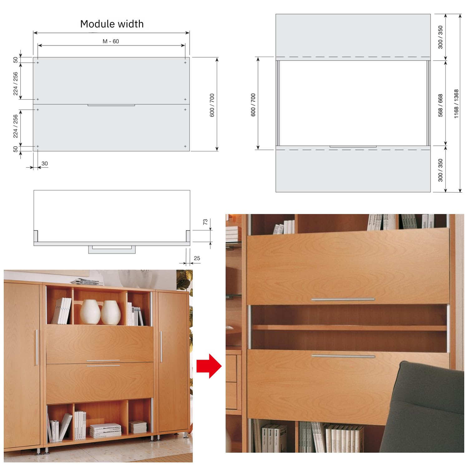 Evotrade Sistema deslizante VERTIKAL Indaux para 2 puertas, movimiento sincronizado con cierre suave amortiguado para módulos con altura 600 mm y 700 mm (1/2, 600)
