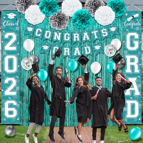 Image of Graduation Party Decorations Class of 2026, Graduation Decorations with Congrats Grad Banner Fringe Foil Curtain Paper Flower Ball Balloons for High School College Graduation Party Supplies, Teal