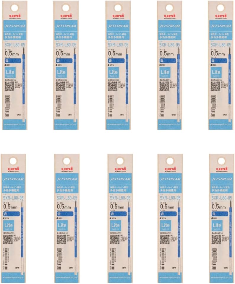 Mitsubishi Pencil SXRL8005.33 10P Ballpoint Pen Refill, Jet Stream Light Touch Ink, Multi-Color Multifunctional, 0.5, Blue, 10 Pens