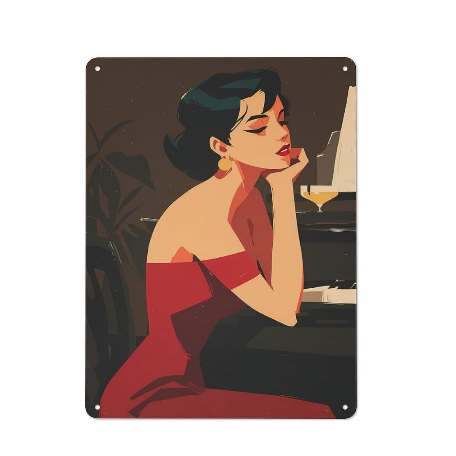 Junmoney Woman In Red Dress By Piano Tin Wall Plaque 40X30cm With For Hallway Wall, Suited To Wall Displays In Hallways And Entrance Areas