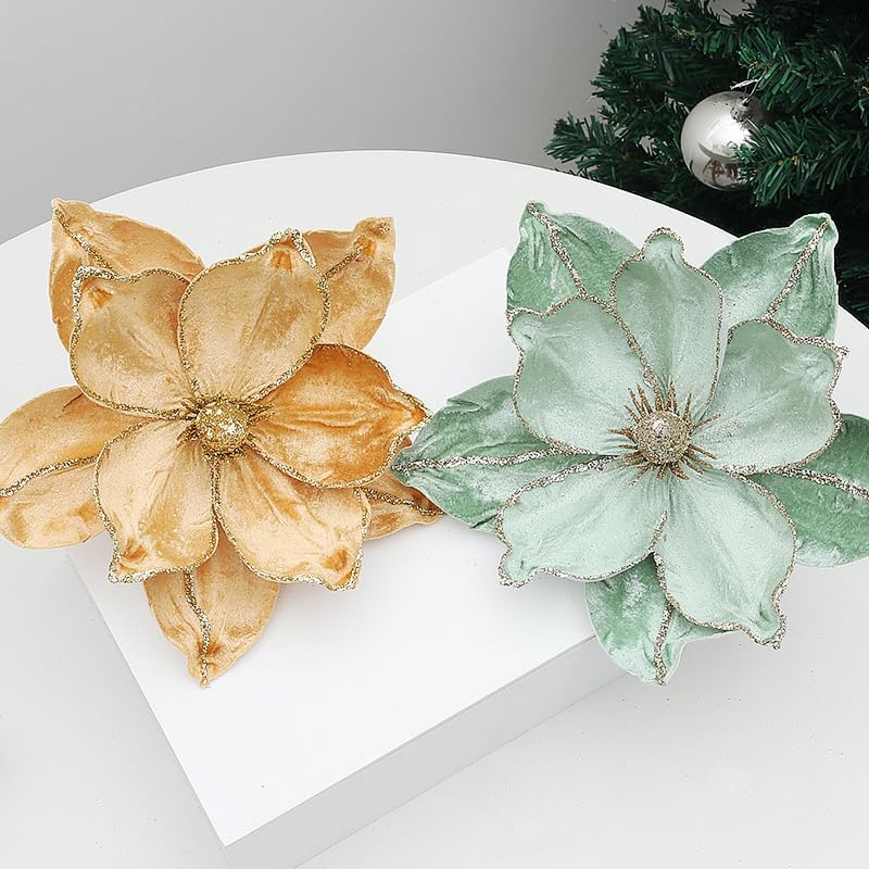 6 Pcs Glitter Christmas Magnolia Flower Tree Ornament Artificial Poinsettia Flowers 8.66inch Magnolia Flowers with Stem for Christmas Tree Xmas DIY Wreath Holiday Wedding Decor (Green)
