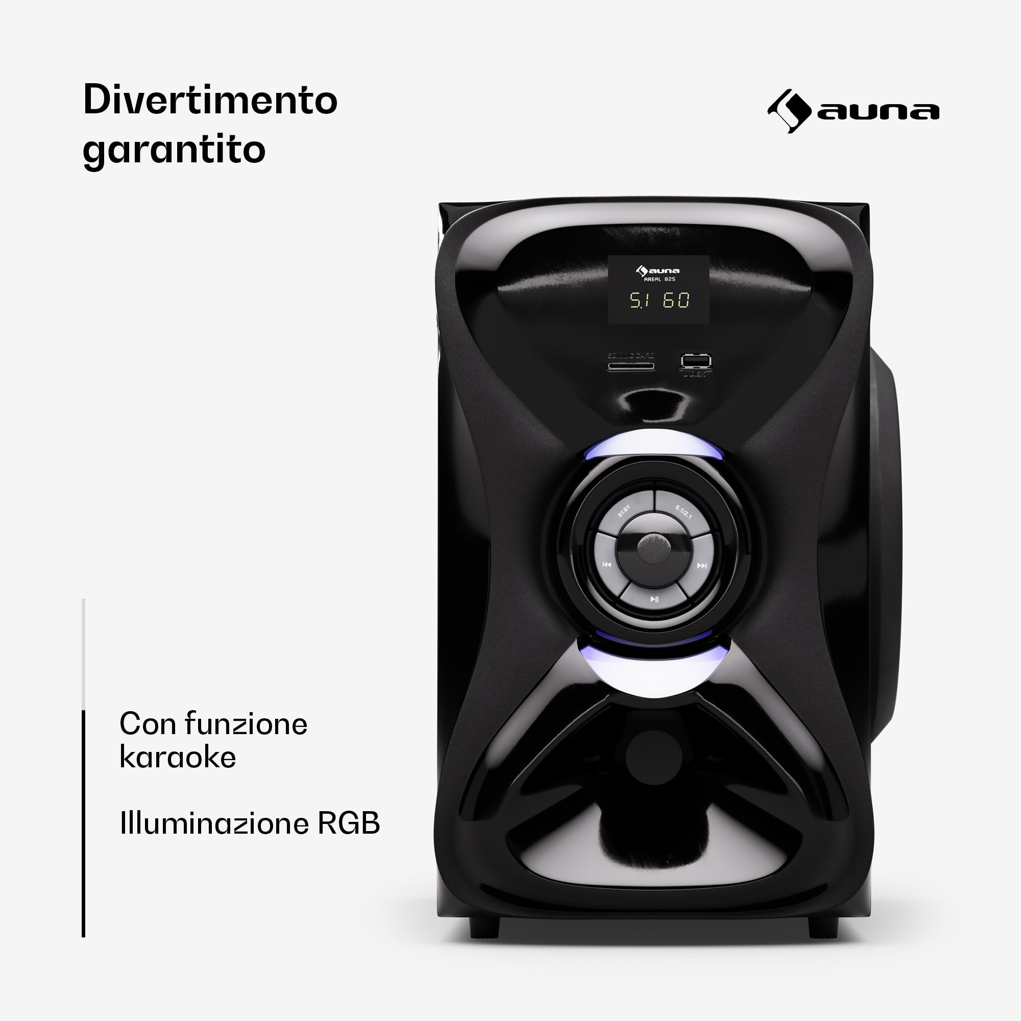 AUNA Areal 825 Impianto Stereo da Casa 5.1 Wireless - Bluetooth, Subwoofer 100W, Elegante, Illuminazione RGB - USB/SD, AUX & Ingresso Ottico, Telecomando, Karaoke