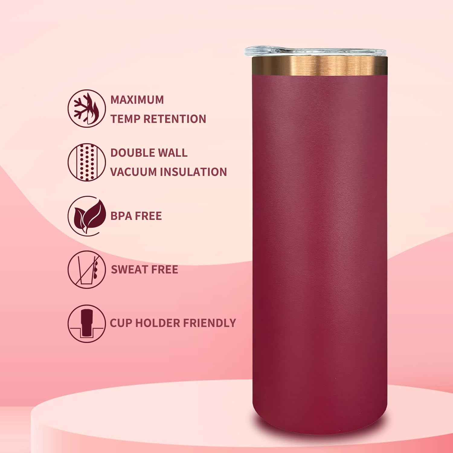 20 oz Skinny Tumblers Bulk, Stainless Steel Insulated Tumbler with Lids and Straws, Slim Double Wall Powder Coated Travel Coffee Mugs, Reusable Cup for Hot and Cold Drinks (Red,1 pack) - Image 4