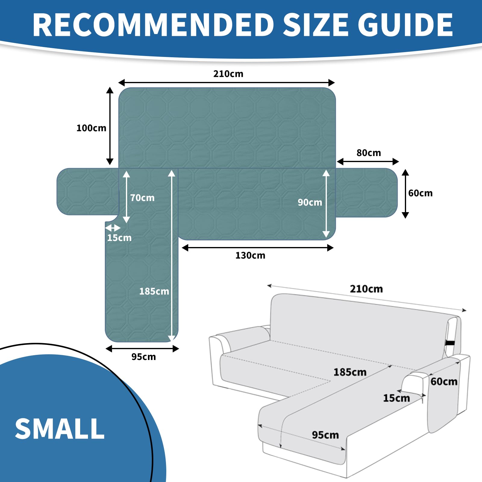 Ystyle Copridivano Impermeabile con Penisola 2 Posti (L 210 CM), Copridivano Angolare Destra/Sinistra Universale Reversibile, Copridivano Chaise longue Antigraffio Antimacchia, Blu Acqua Chiara