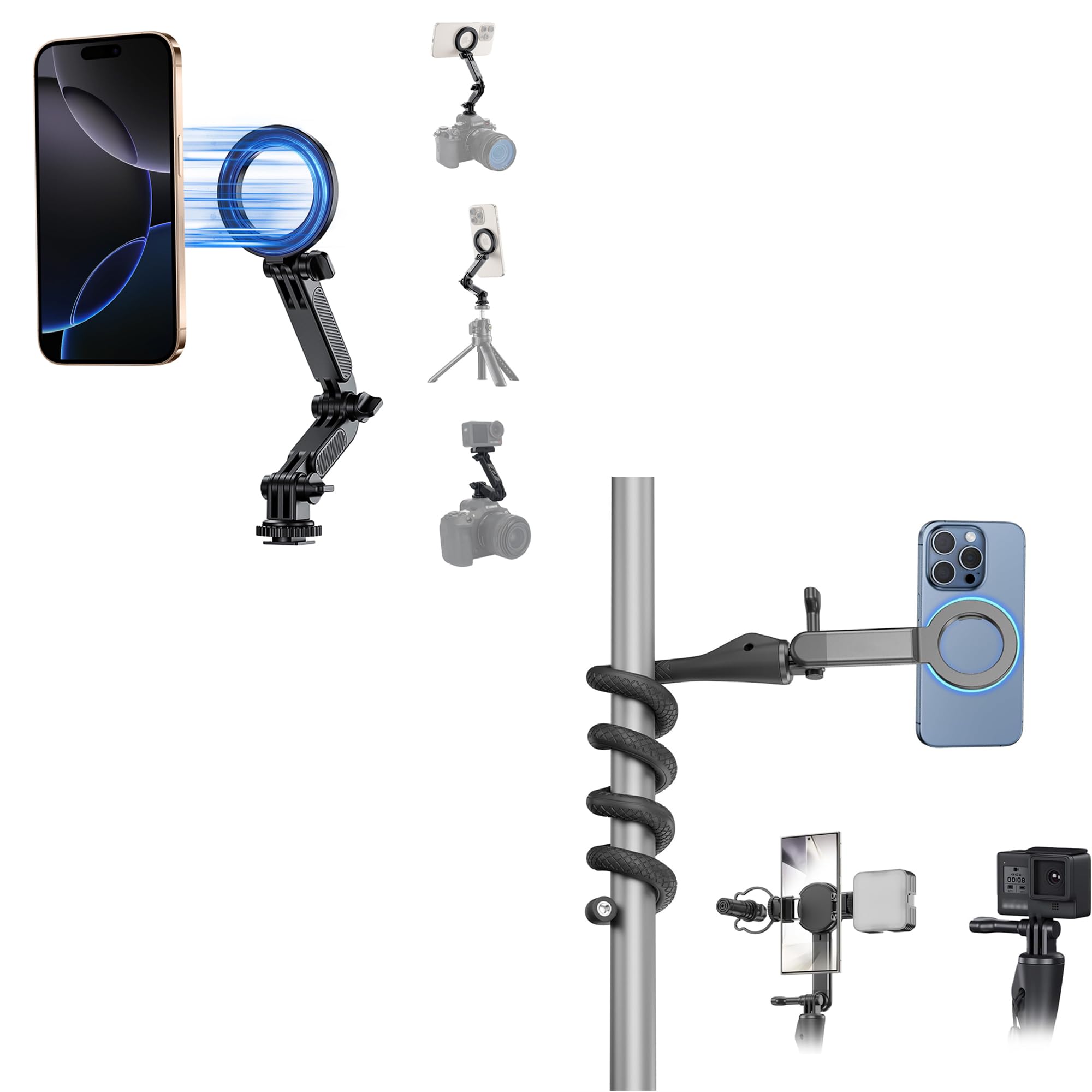 Flexible Phone Mount + Magnetic Cold Shoe Mount: Extendable Magnetic Flexible Phone Mount with Extended Magnetic Cold Shoe Mount for Phone & Action Camera