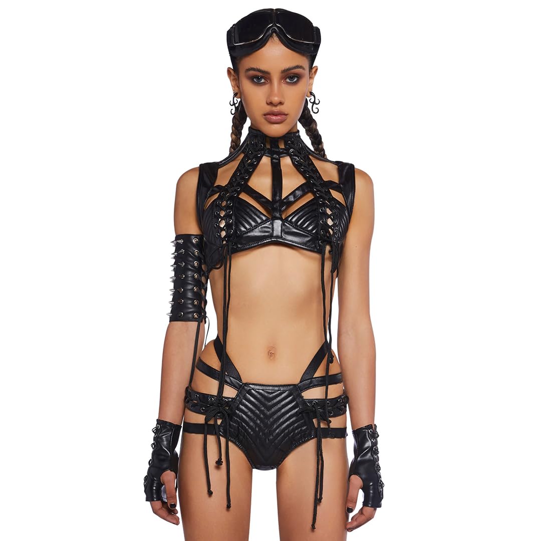 Dolls Kill Rude Awakening Harness Bra Top by Club Exx - Vegan Leather, Lace-Up, Cropped Fit for Festivals and Raves