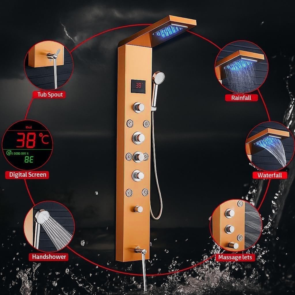 LED Shower Panel with 4 Body Jets and 2 Mist Spray, Rainfall Waterfall Shower Column Tower with Handheld, Tub Spout and Water Temperature Display, 304 Stainless Steel (Rose Gold) image 4