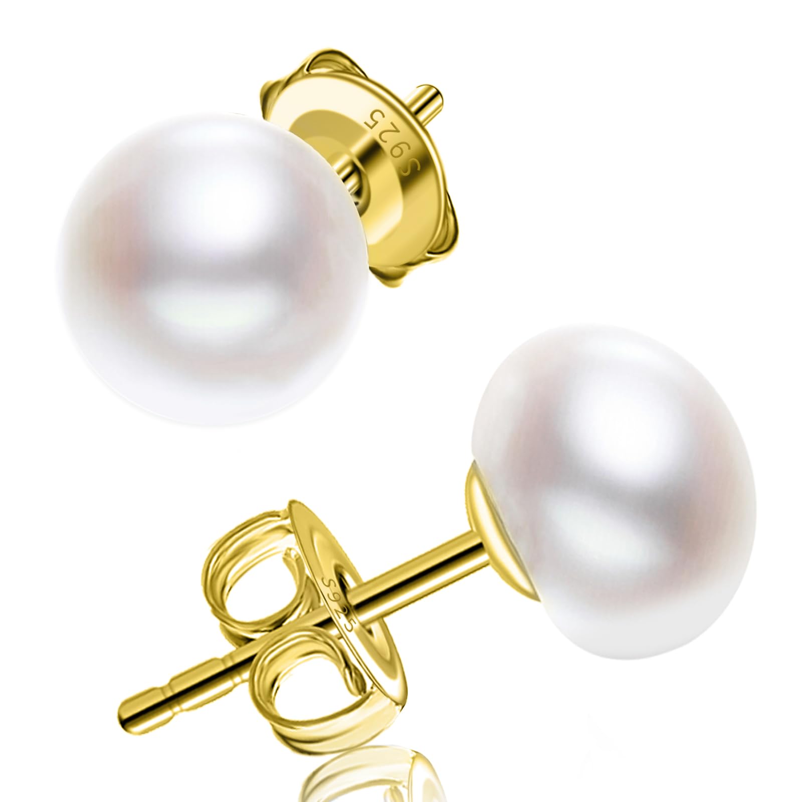 Damen Perlen Ohrringe 925 Sterling Silber Vergoldete 8mm Button Weiß Süßwasser Perlen Ohrstecker