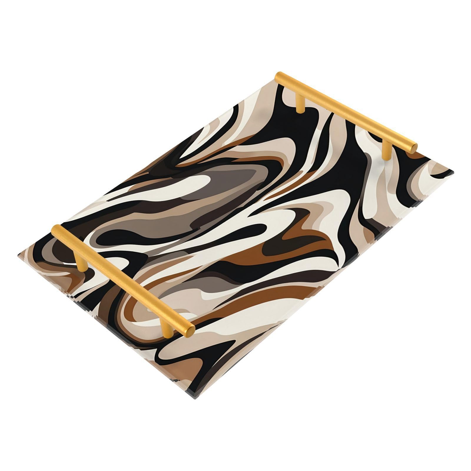 GUIJI Abstract Wavy Line Acrylic Tray, Perfume Cosmetic Jewelry Decorative Trays Bathtub Organizer, Living Room Kitchen Serving Tray with Gold Handles