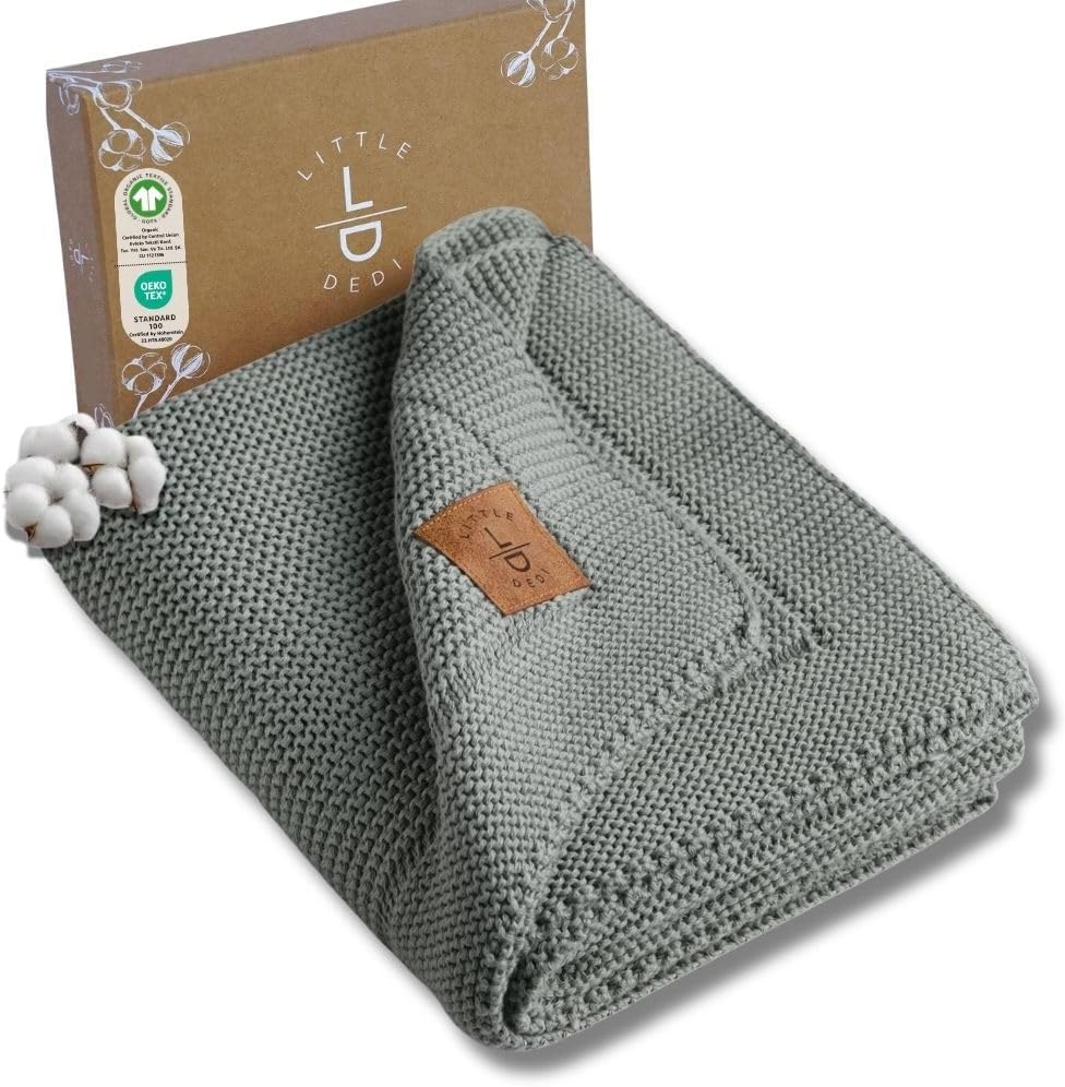 100% Organic Cotton GOTS Certified Baby Knitted Blanket with Gift Box – Soft Toddler, Crib, Stroller Blanket – Neutral Swaddle and Receiving Blanket for Newborns, 30″x40″, Green