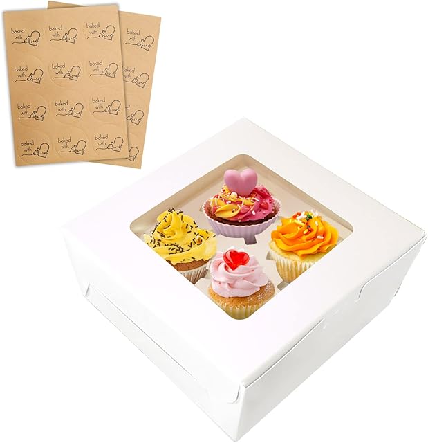 24 Packs White Cupcake Boxes 4 Holes with Window (6.3x6.3x3 Inches), Rectangle Cup Cake Boxes for Cupcakes Muffins Desserts, Suitable for Home Baking, Party, Wedding, Christmas, halloween, Cake Shop