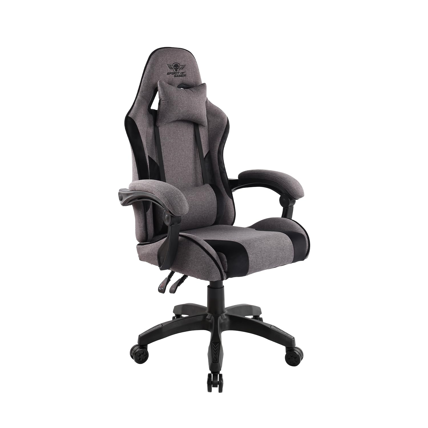 Spirit of Gamer - Arena, Silla de Gaming de Tela y Microfibra, 2 Cojines Incluidos, Respaldo Reclinable de 90° a 130°, Asiento Ajustable en Altura, Capacidad de Carga de 100 kg, Negro y Gris.