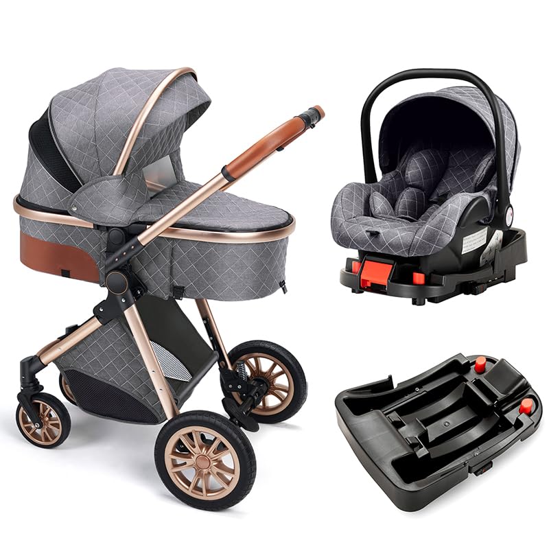 Image of Luxurious Baby Stroller with Infant Carrier, Baby Carriage with Detachable Bassinet for Newborns, 2 Way Facing, Multifunction (B-Gray(with Base))