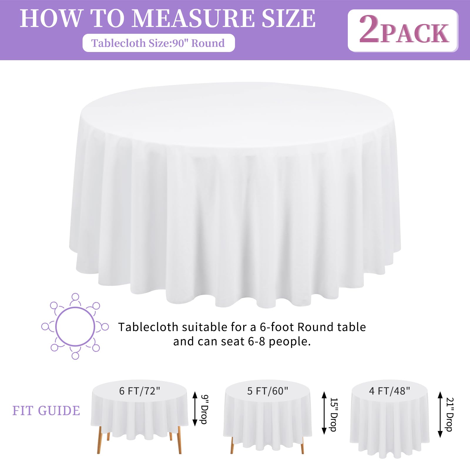 FXKS 2 Pack White Round Tablecloth 229 cm Washable Table Cloth,Polyester Circle Table Cloth,Stain and Wrinkle Resistant White Fabric,Tablecloth for Wedding Banquet Party - Image 2