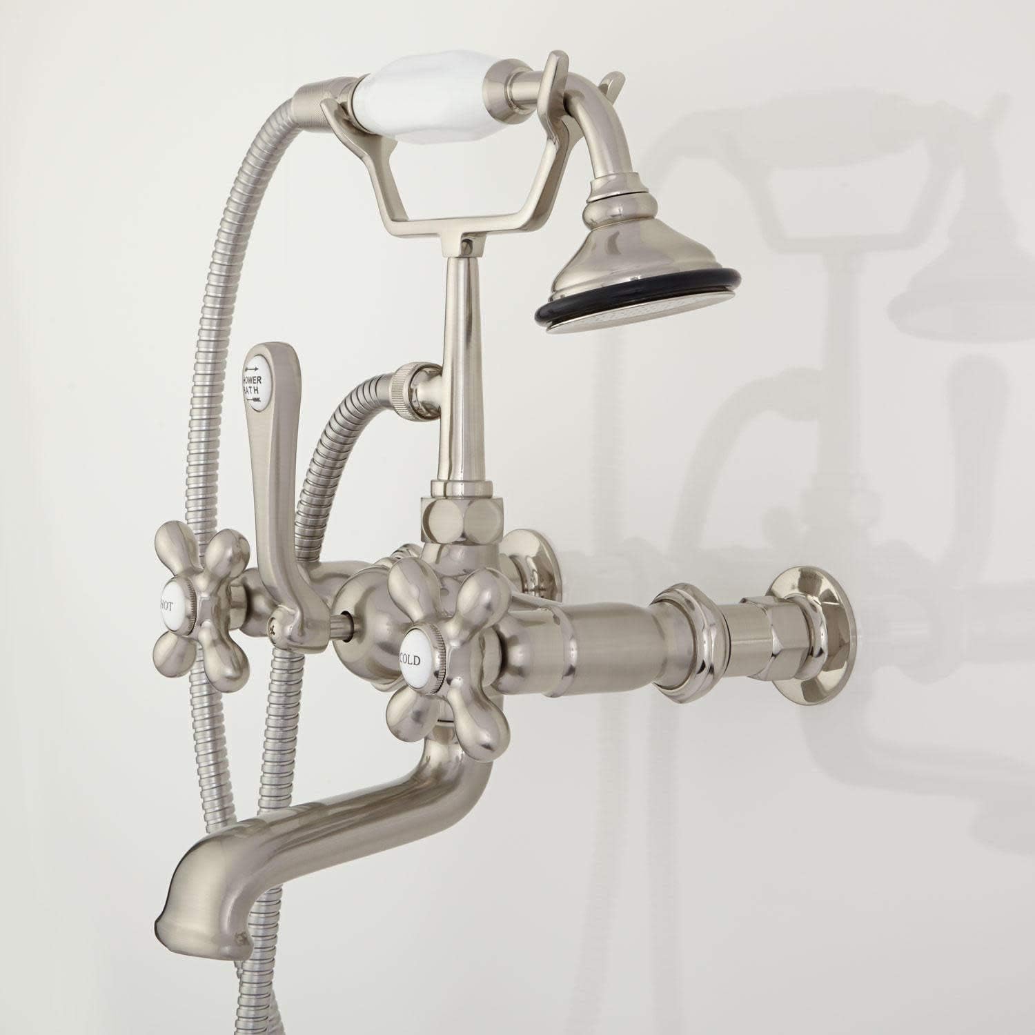 Signature Hardware 314175 Wall Mounted Tub Filler Faucet with 2" Wall Couplers, Cross Handles, and Lever Diverter - Includes Hand Shower, Valve Included