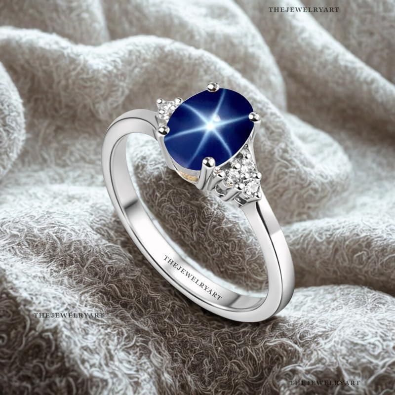 Natural Asterism Blue Star Sapphire Promise Ring Sterling Silver with Sparkling CZ Diamond Accents Fine Jewelry Ring for Engagement, Promise, or Special Occasions