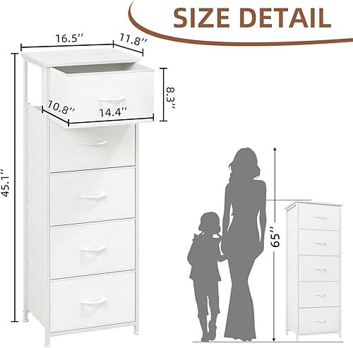 Vista 3 de Somdot Tall Dresser for Bedroom with 5 Drawers, Storage Organizer Chest of Drawers with Removable Fabric Bins for Closet Bedside Living Room Laundry