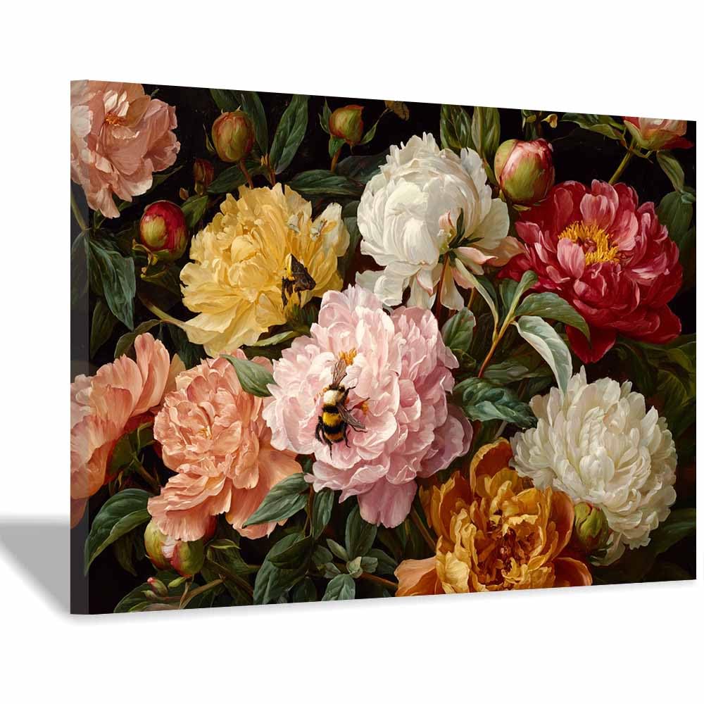 Xeniou Multicolor Flowers Canvas Peony Flowers Withs Bees Canvas Wall Art, For Bedroom Office Home Decorations(Multicolor)-40X60cm Framed