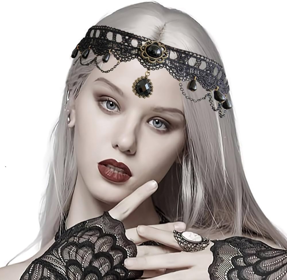 Catery Gothic Style Vampire Headdress Forehead Chain Black Lace