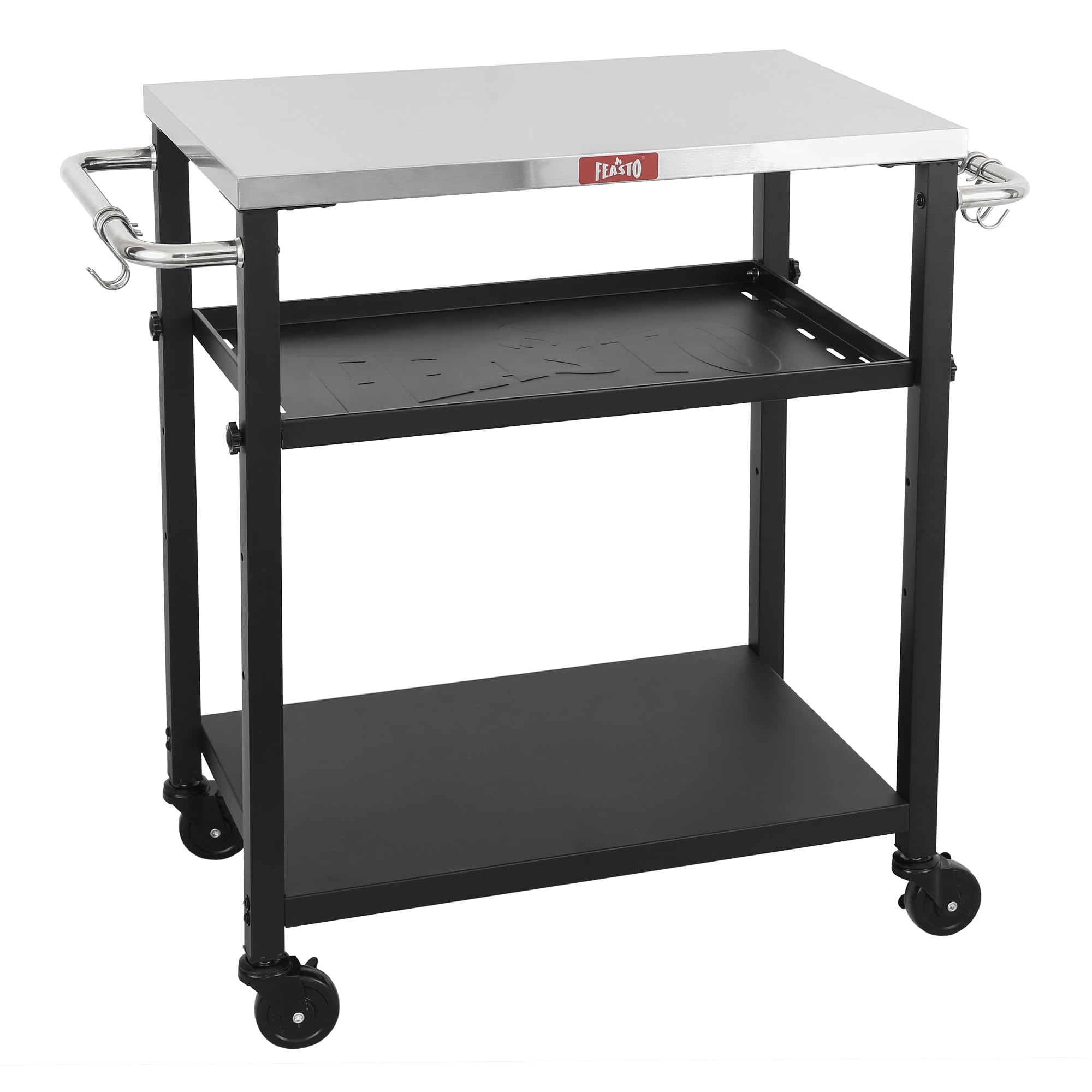 Grillwagen Outdoor Grilltisch Outdoor wetterfest Pizzatisch Servierwagen | 87,5x41x84cm mobile outdoor-Küche mit Edelstahlplatte, höhenverstellbarer Mittelregal, für Terrasse, Küche