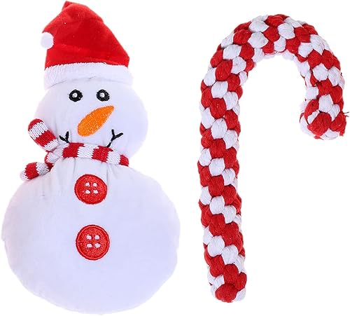 Juego de 2 juguetes de Navidad para perro muñeco de nieve juguete de peluche para cachorros y bastón de caramelo cuerda de perro