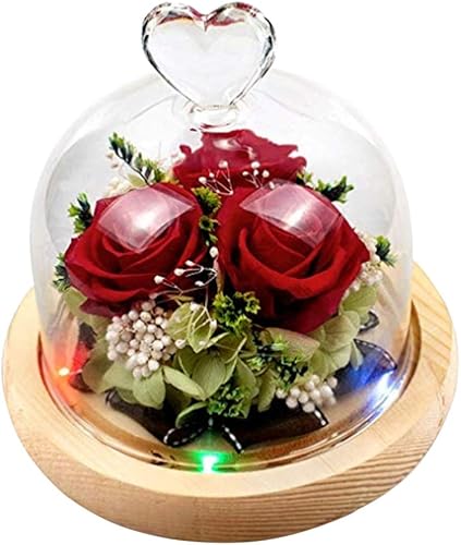 Rosa preservada en cúpula de cristal, rosa roja con luces LED sobre base de madera, flores artificiales, regalos creativos para boda, cumpleaños,