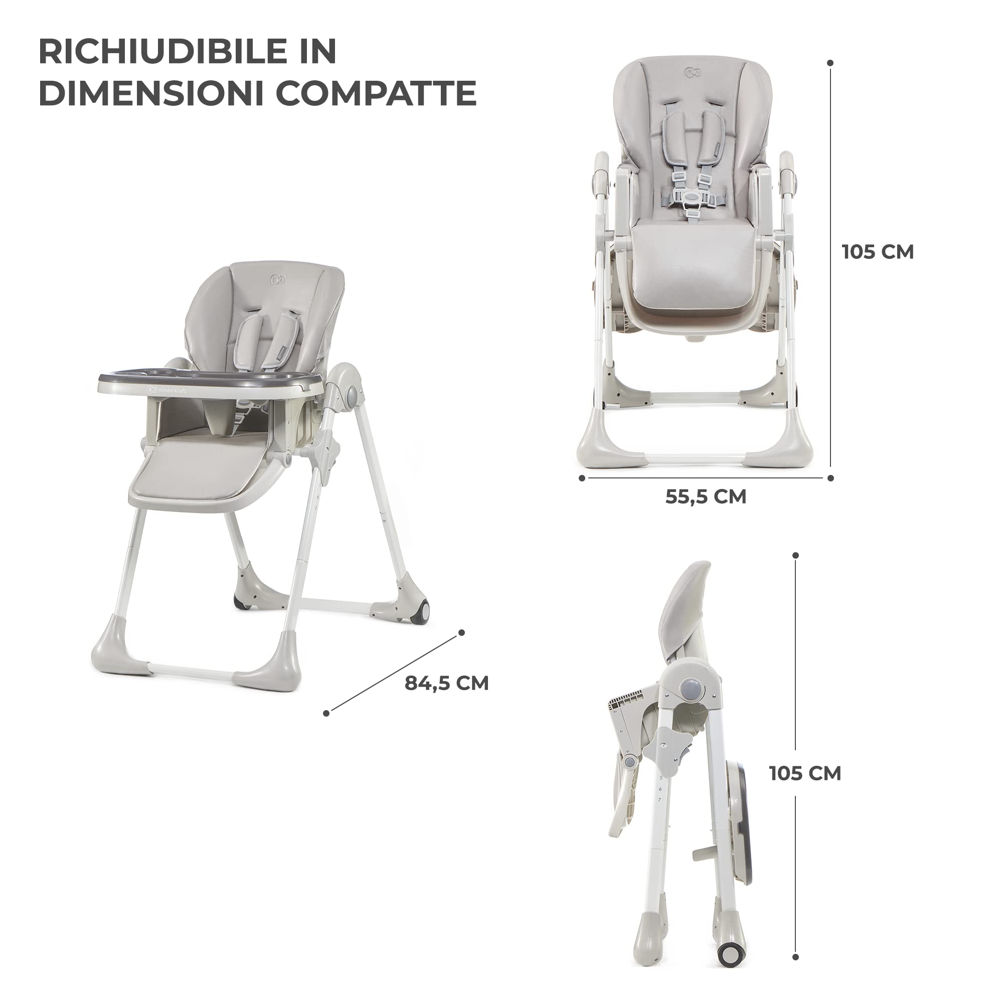 Kinderkraft YUMMY Seggiolone Pappa, Regolabile, Pieghevole, Ripiano Smontabile, per Bambini da 6 Mesi fino a 3 Anni, Grigio