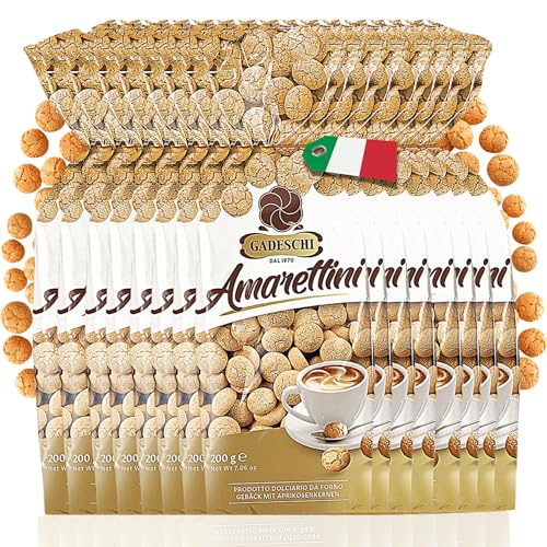 Gadeschi Amarettini Kekse 15x 200g [MIT APRIKOSENKERNE] - Italienisches Kaffeegebäck - Perfekt zum Kaffee, Heißgetränken & als Dekoration - Traditionelle Rezeptur - Süß & Luftiges Gebäck