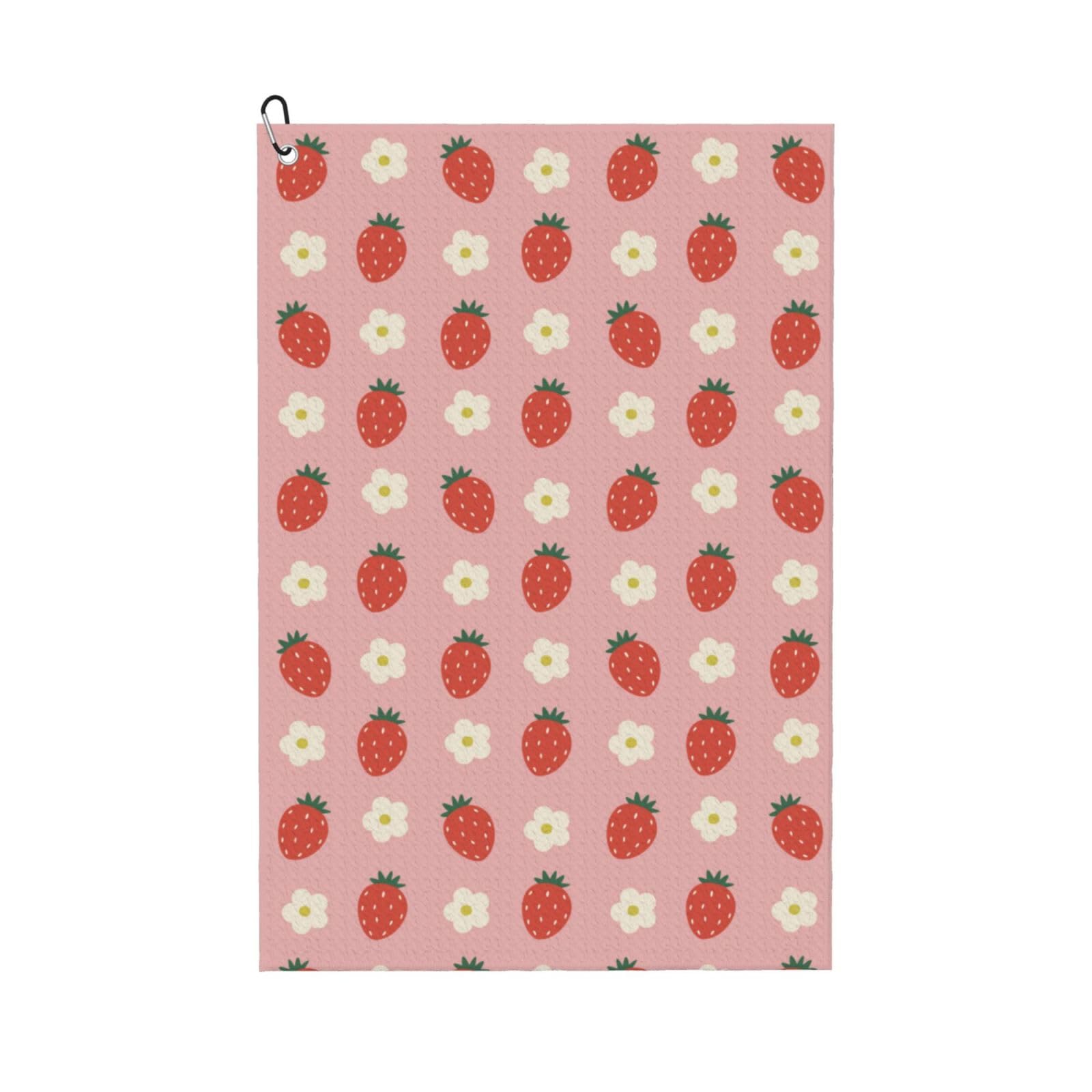 AOOEDM Strawberry Print Golf Towel with Carabiner Clip Absorbent Microfiber Golf Towel for Cleaning Golf Ball Club Putter Iron for Golf Bag Trolly Belt Loop 16" X 24"