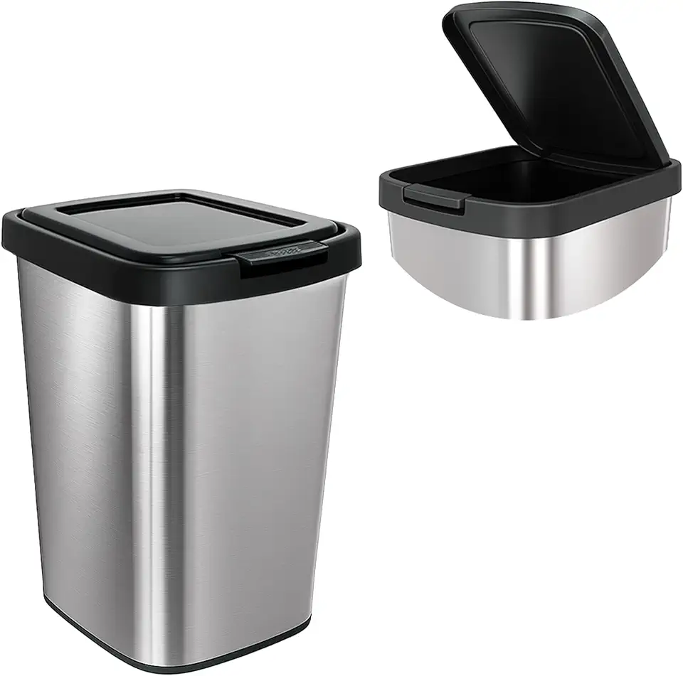 Lixeira 9 Litros com Tampa Click Basculante – Cesto de Lixo, Plástico com Acabamento Tipo Inox para Banheiro, Cozinha e Escritório