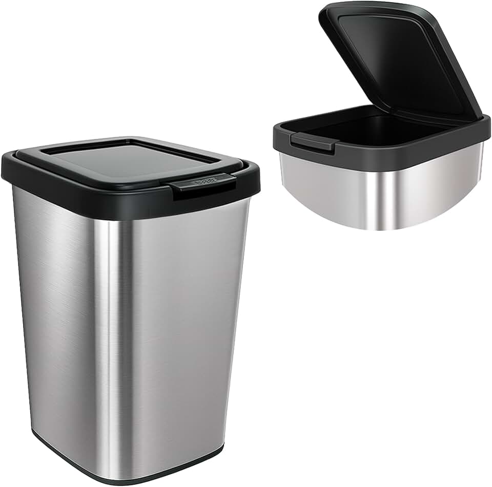 Lixeira 9 Litros com Tampa Click Basculante – Cesto de Lixo, Plástico com Acabamento Tipo Inox para Banheiro, Cozinha e Escritório