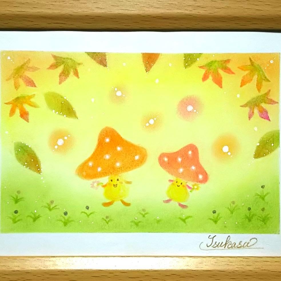 キャンバスアート【きのこにゃん】オイルパステル画 きのこ 絵画 油絵 原画 風景画 油畫 原作 作品 キャンバスアート