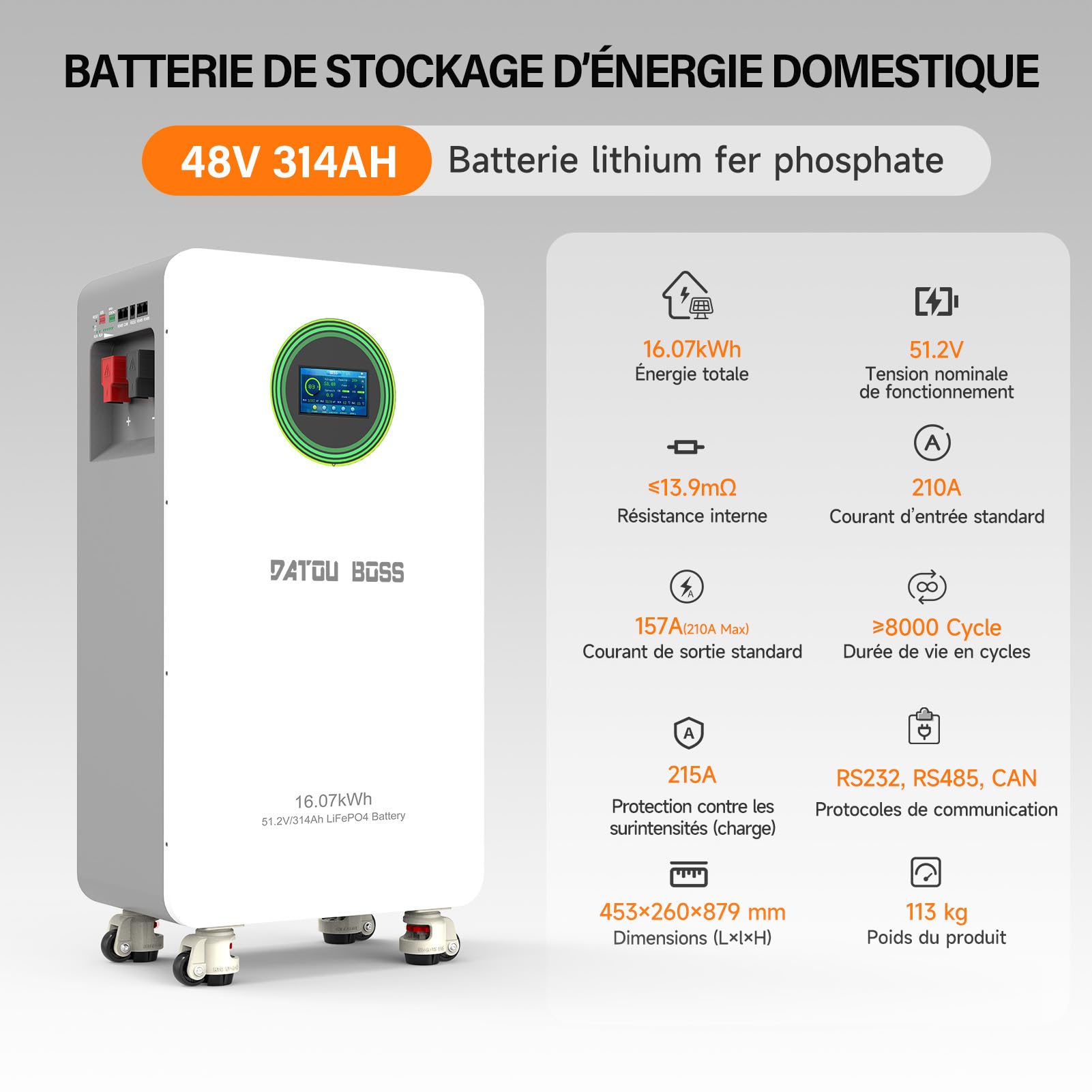 DATOUBOSS Batterie Lithium Fer Phosphate 48V 314Ah 16,07kWh, BMS 200A Intégré Écran LCD, Communication RS485/CAN, Stockage Énergie pour Maison, Système Solaire, Camping-Car et Applications Hors Réseau
