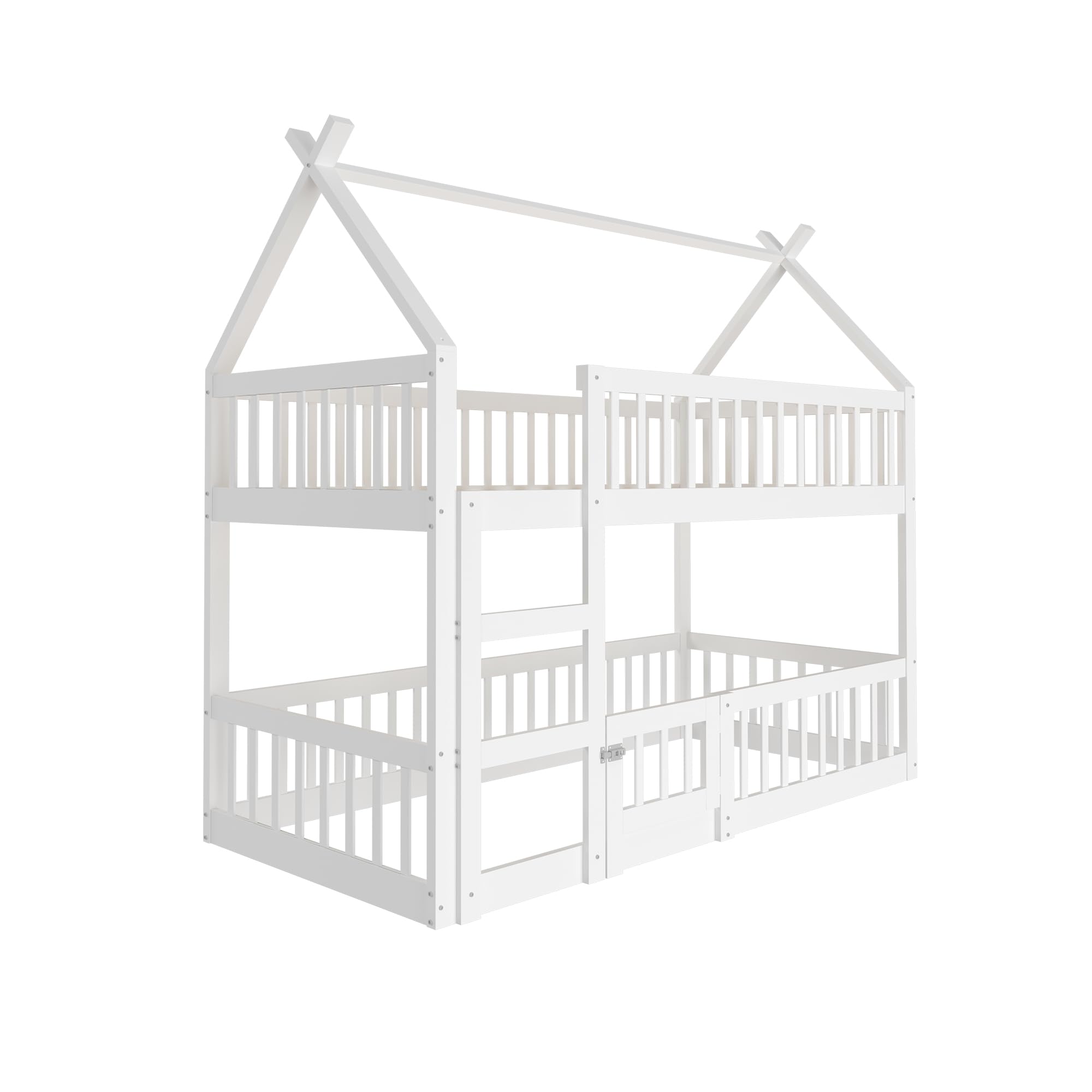 Etagenbett für 2 Kinder, 90x200 cm Kinderbett Bodenbett Hausbett mit Rausfallschutz und Lattenrost,Vollschutzgitter und Türen, Massivholz Doppelbett Stockbett Gitterbett Jugendbett,Ohne Matratze,Weiß