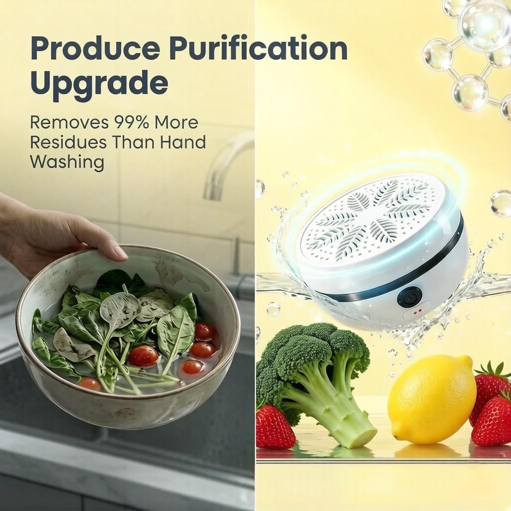 Fruit and Vegetable Cleaning Machine, Portable Produce Purifier for Deep Cleaning, USB Rechargeable, IPX7 Waterproof, for Fruits, Veggies, Grains (White)