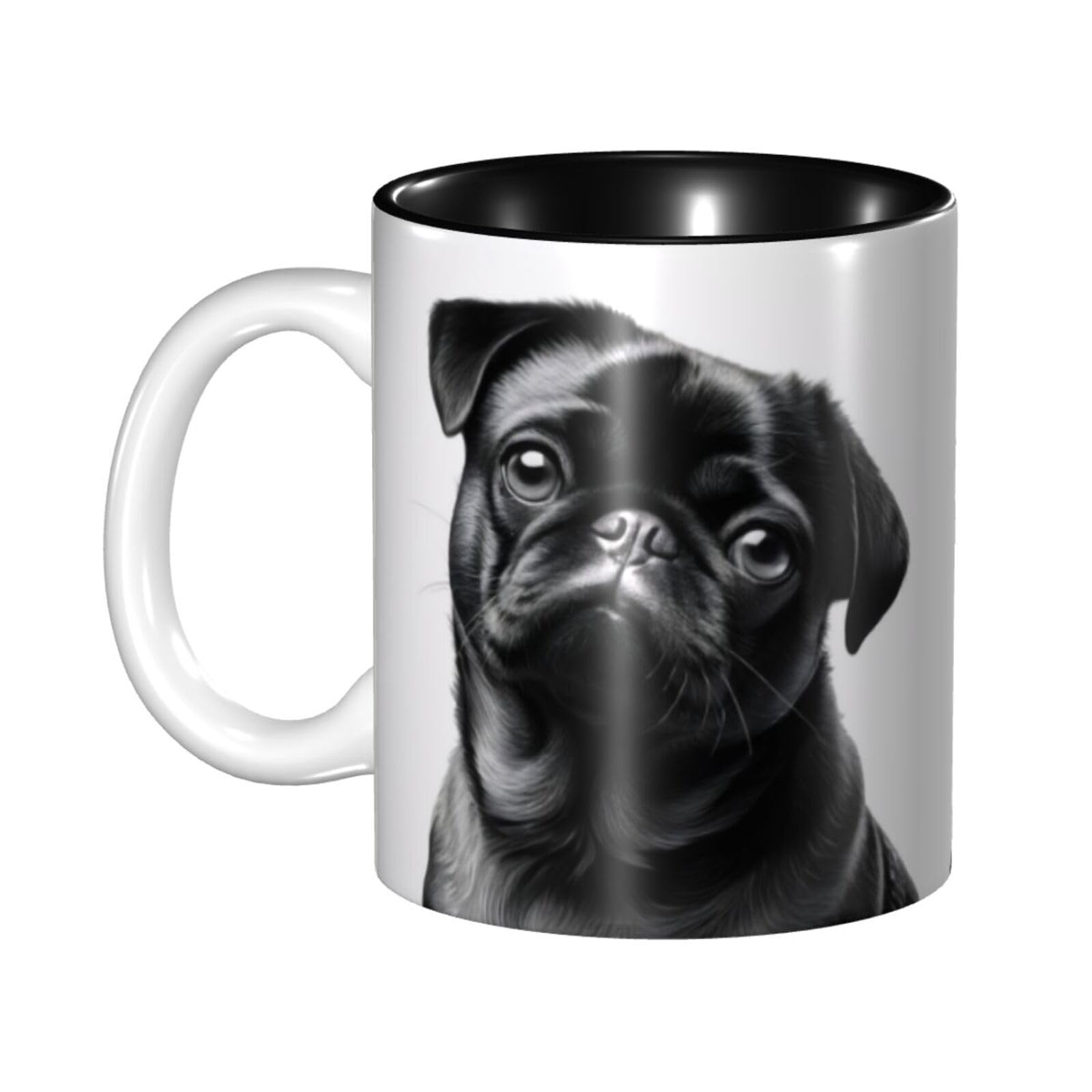 KHDKLXOHZ Cute Black Pug Dog 11oz Two-Tone Ceramic Coffee Mug with Handle, Classic Ceramic Inner Color Mugs, Cute Tea Drinking Cups, Durability & Microwave Safe, for Home, Office, and Work