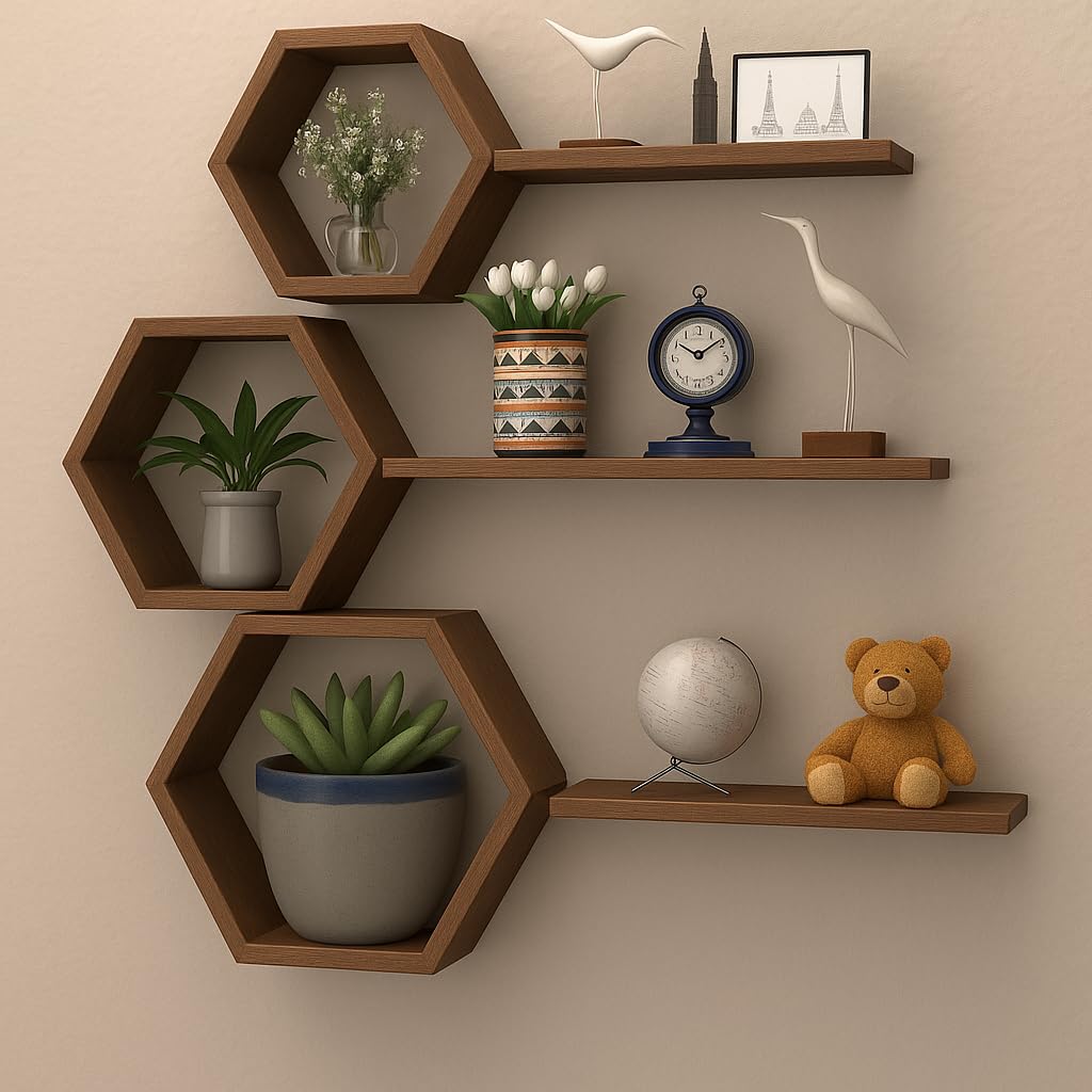 AALIYA MART Wooden Honeycomb Floating Wall Shelves - Wall Mounted 6 Pieces Decorative Wall Shelf | Display Shelves for Books, Plants | Wall Decor Shelves for Living Room, Bedroom, Offices (Brown)-image-43