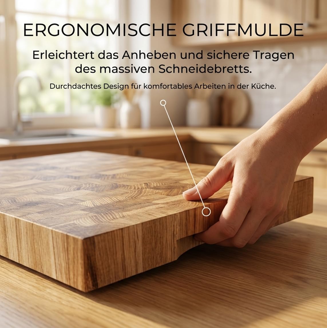Eichen Schneidebrett 40x30x4 cm – Massives Stirnholz Schneidebrett aus Eiche mit Griffmulde – Extra Dickes Holz Schneidebrett für Fleisch, Gemüse & Brot – Profi Küchenbrett
