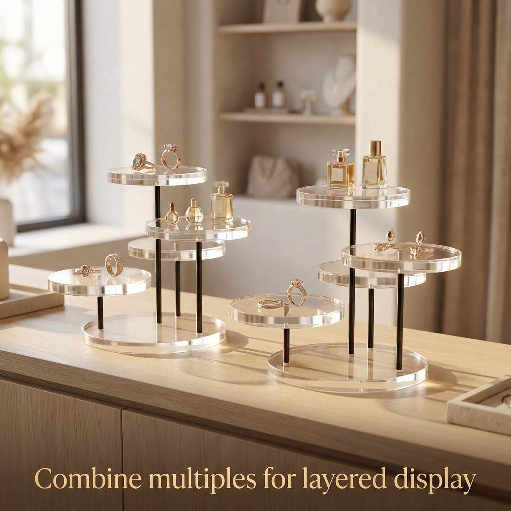 QWORK® 3-Tier Mini akrylowy stojak wystawowy, okrągły przezroczysty akrylowy stojak wystawowy na pierścionki Kolczyki Bransoletki Mini figurki (2 szt.)