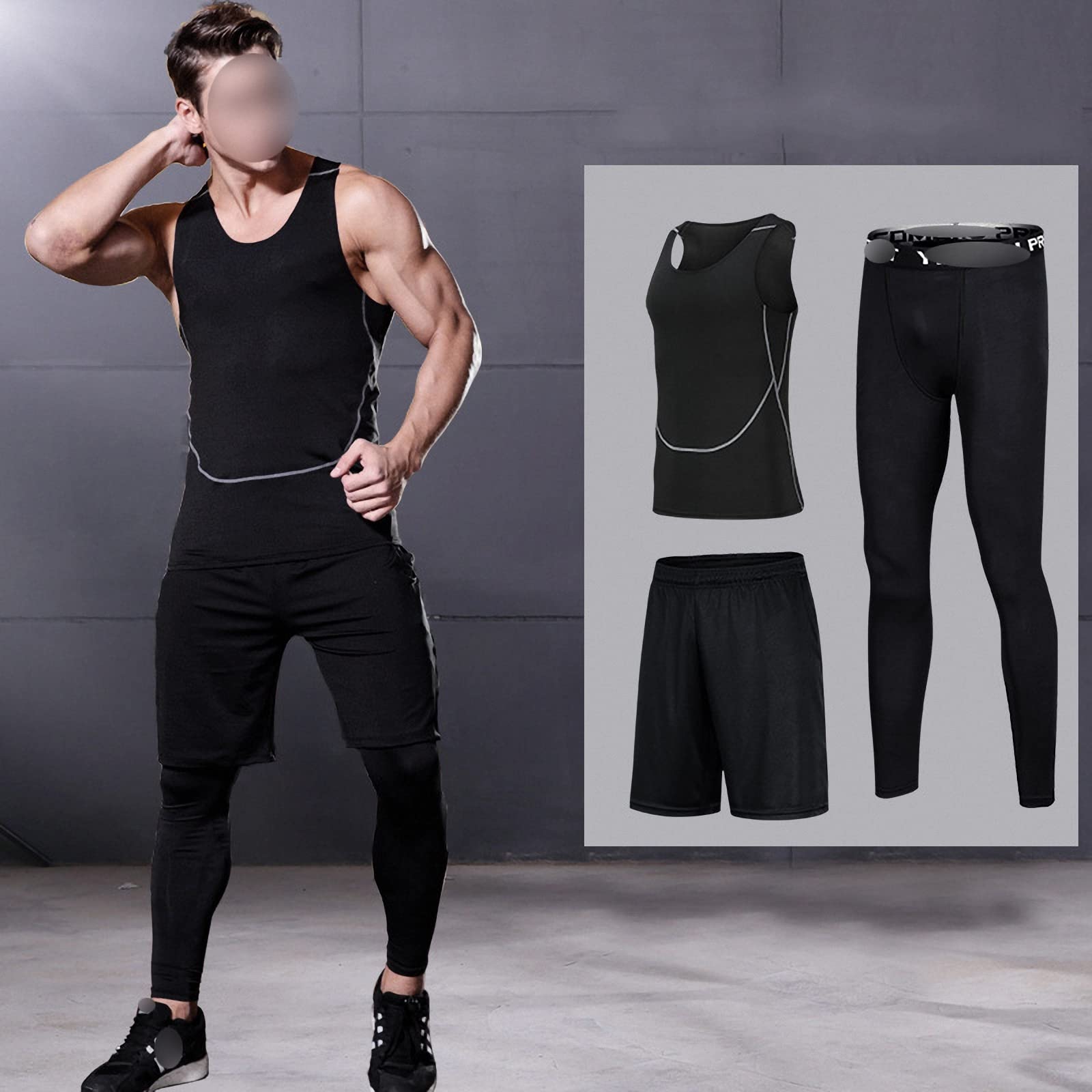 3-częściowy męski kompresyjny strój fitness, warstwa bazowa obcisłe legginsy, sportowe ubrania treningowe