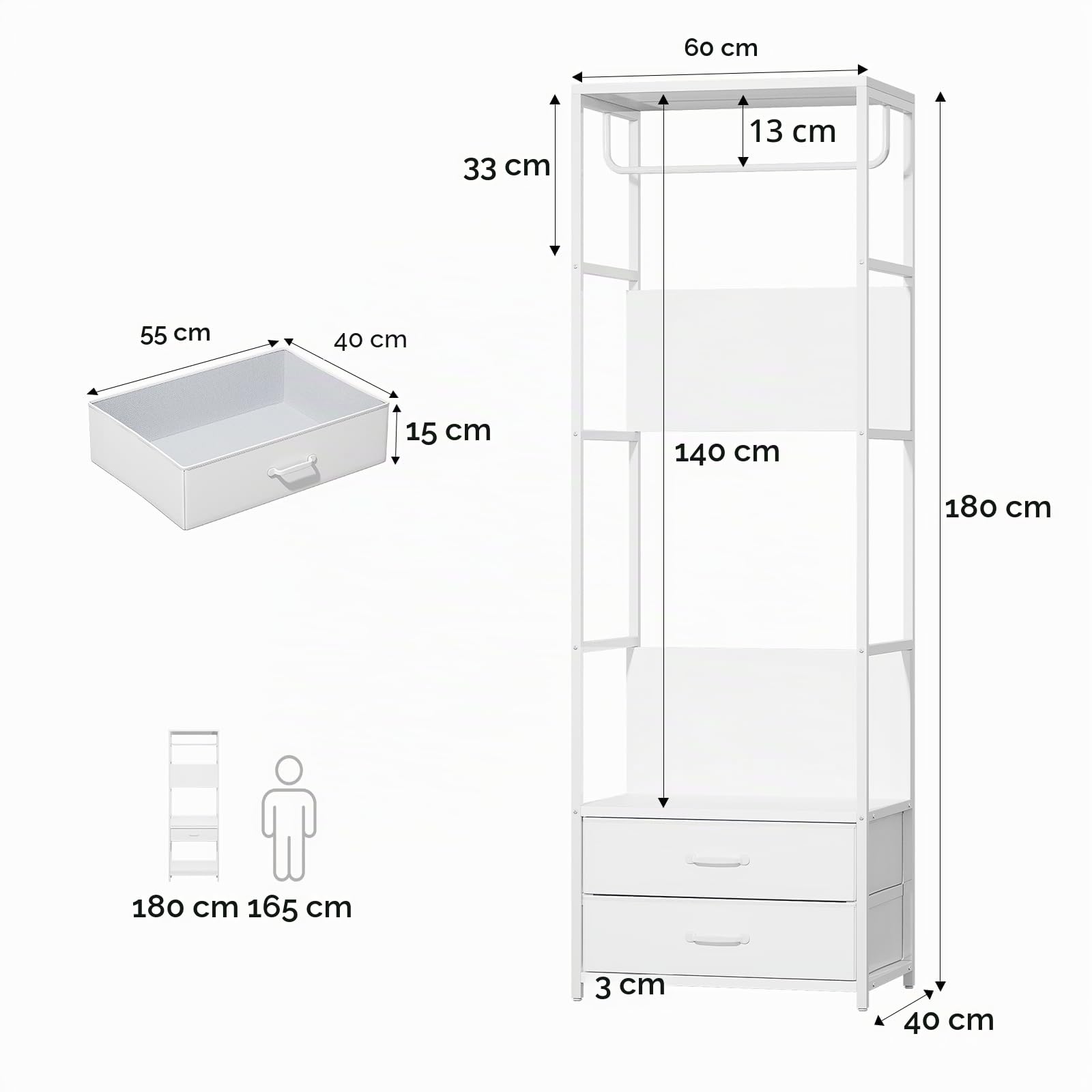 VOWNER Garderobenständer mit Schuhbank, 60cm Flurgarderobe, Kleiderständer, Garderobe mit 2 Schubladen und Kleiderstange, für Flur, Schlafzimmer, Wohnzimmer, Weiß, 60x180x40 cm