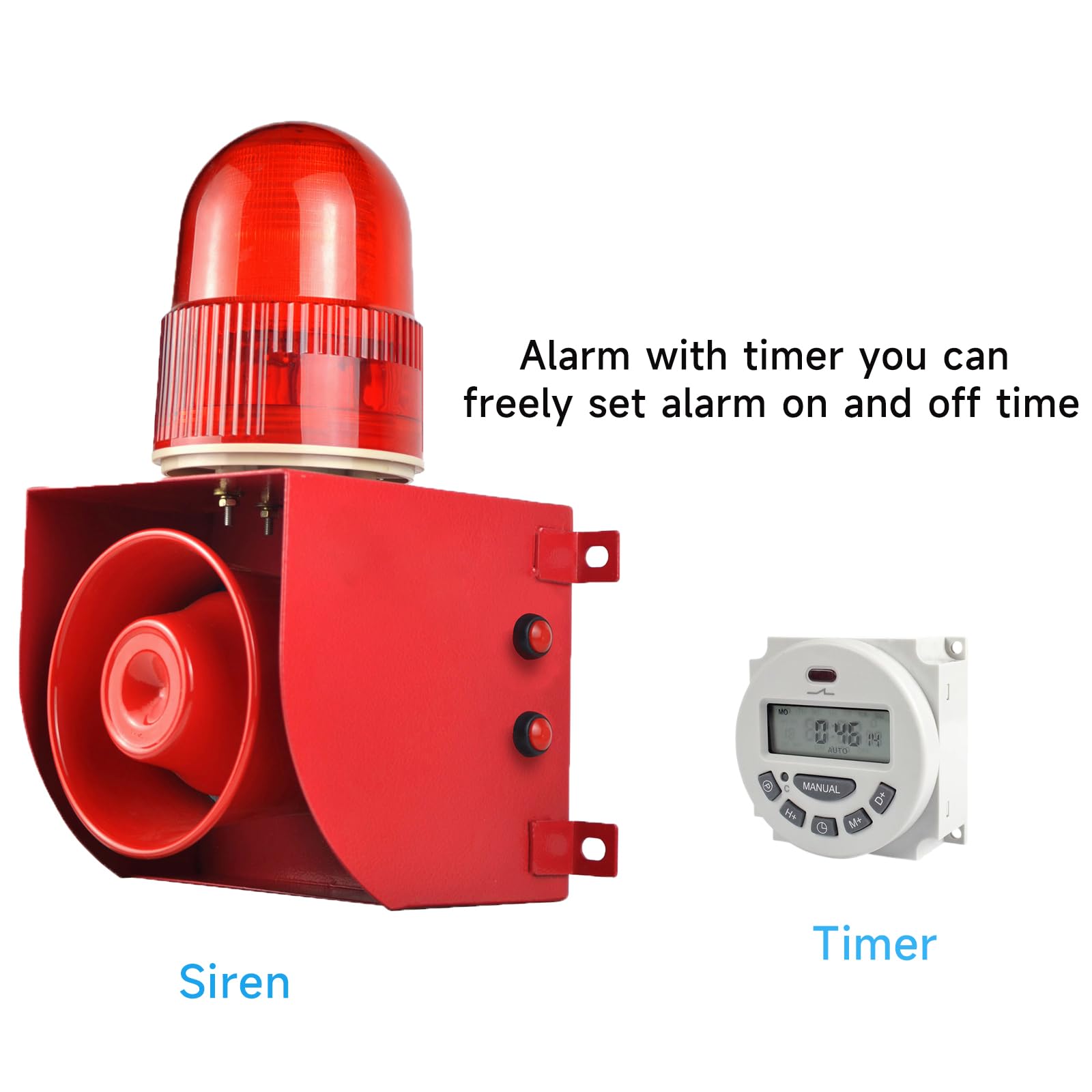 Y DIANS Timeable Alarm Siren Outdoor or Indoor 120dB Emergency Siren 25W Security Alarm Systerm with Timer, LED Strobe Light for Industry Mine Factory AC110-120V