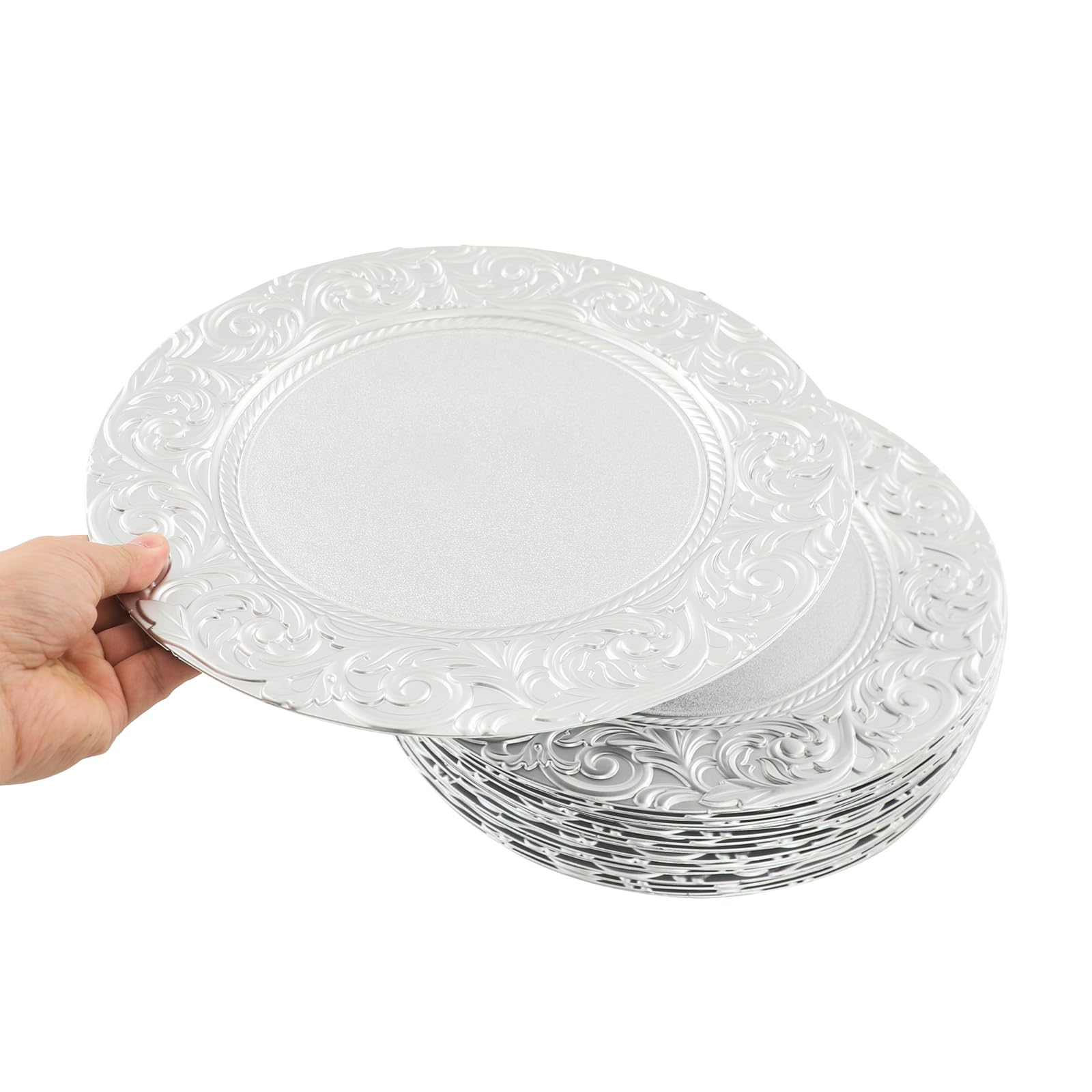 Set di 24 piatti grandi, diametro 33 cm, con bordo decorato, riutilizzabili, per feste, buffet, Natale, matrimoni, catering, grigliate e ristoranti (argento)