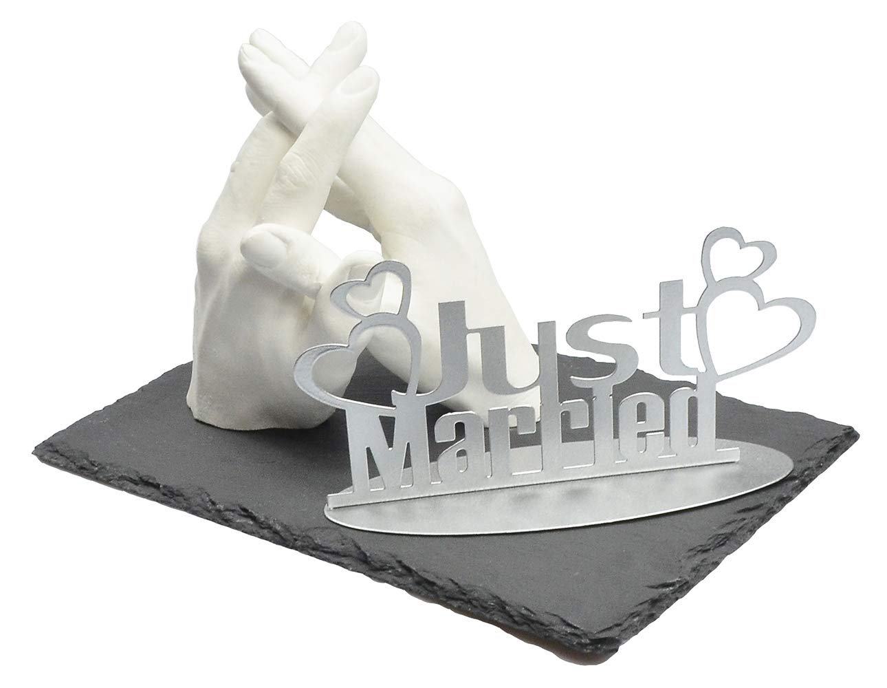 Family & Wedding Abformset Duo | 3D Handabdruck Set DIY für 2 Erwachsenenhände | Gipsabdruck für Hochzeit (inkl. Schiefersockel 20 x 30 cm | Metallaufsteller)