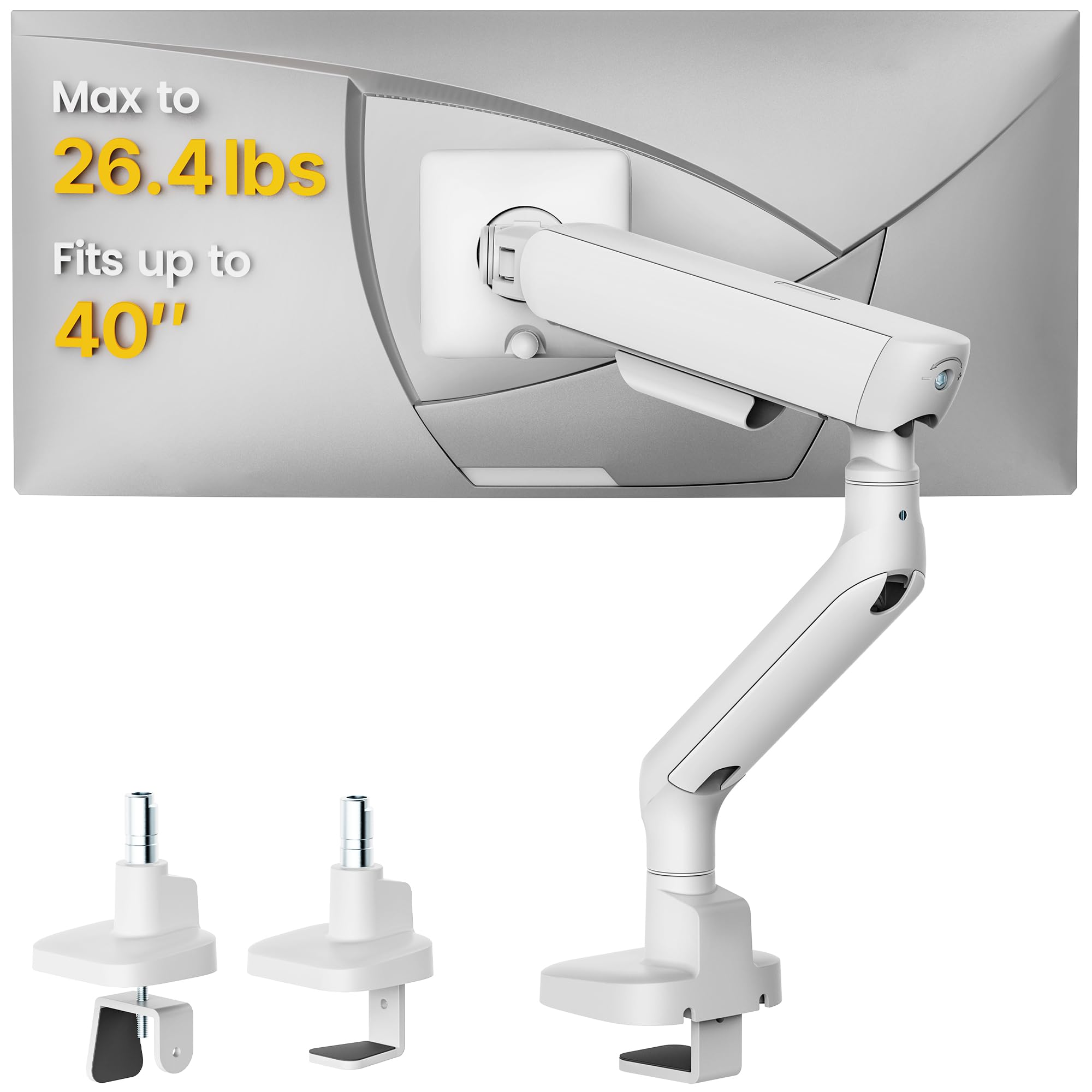 Photo 1 of monTEK Single Monitor Arm, Mechanical Spring Monitor Arm for 17-40" Ultrawide Screens, Adjustable Monitor Desk Mount Holds up to 26.4 lbs with C Clamp/Grommet Desk Mount, VESA 75/100mm