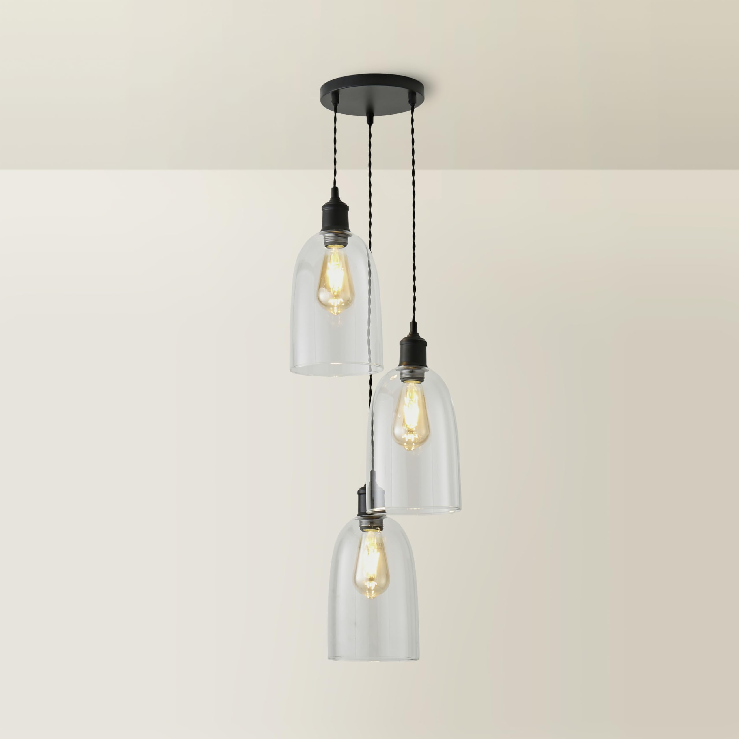 Valuelights Unisex Black Kira Glass Cloche Dome 3 Drop Cluster Ceiling Pendant Light In
