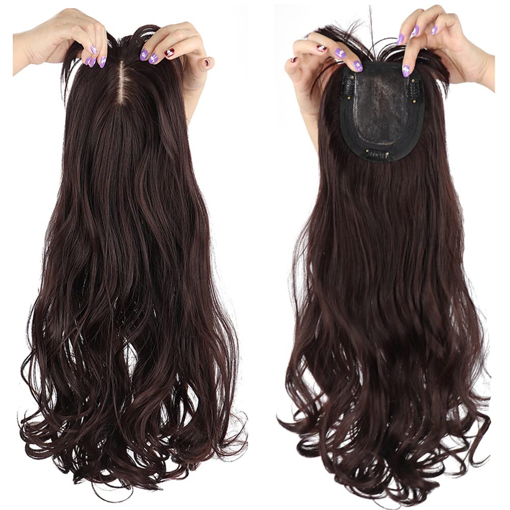 LesafeV 50cm Long Seamless Nature Look Clip in Hairpiece with Side-Fringe Extension Forehead Topper for Women with Thinning Hair Wavy Dark Reddish Brown